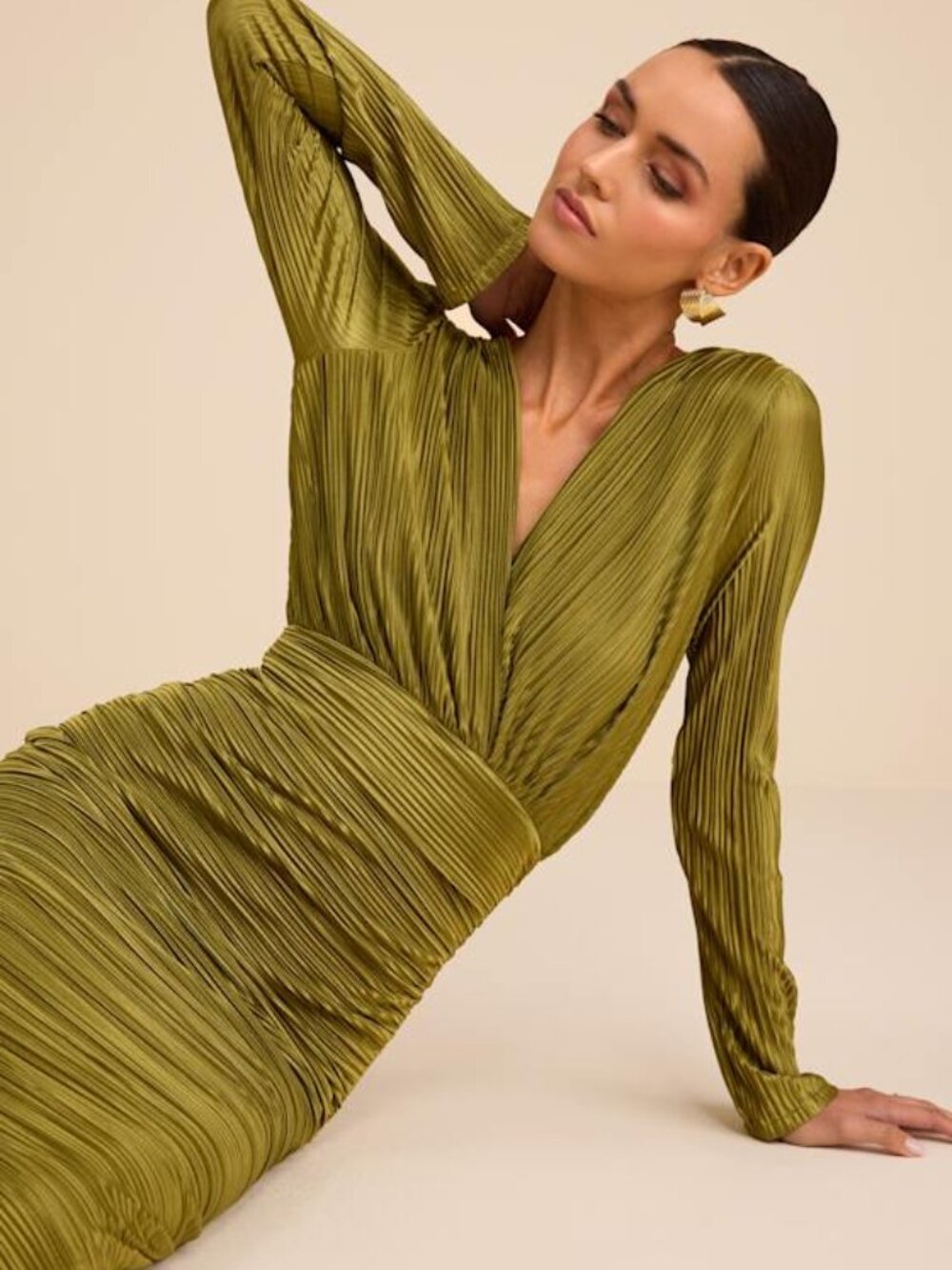 Lulus Seren Olive Green Plisse Surplice Maxi Dress - Size M
